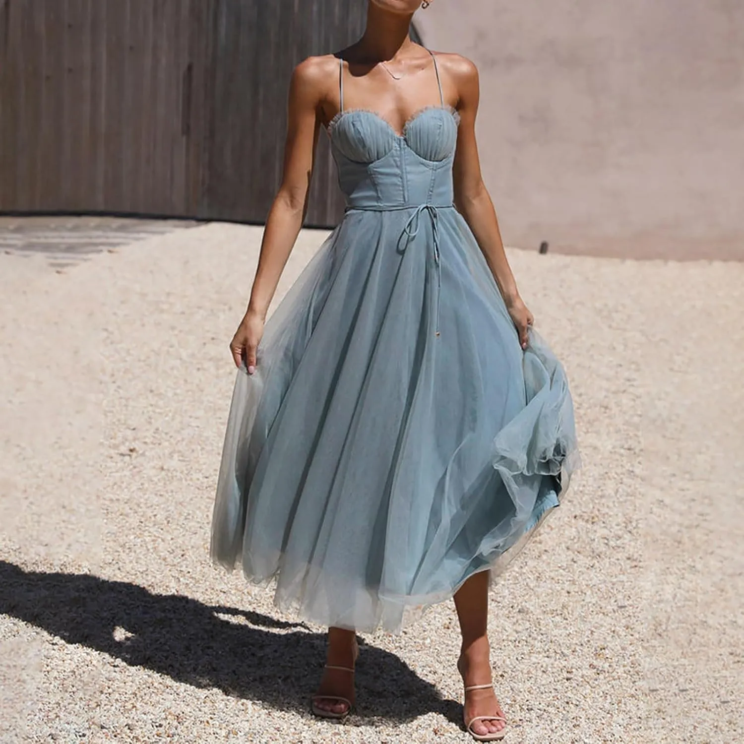 Womens Spaghetti Straps Tulle Prom Dress Tea Length Formal Party Evening Dress Flowy Wedding Guest Bridesmaid Dresses