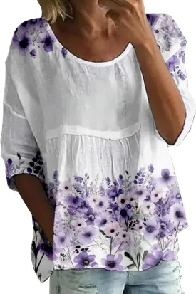 Women's Summer Boho Floral 3/4 Sleeve Tunic Top Flowy Casual Loose Cute Plus Size Pleated Blouse Shirts