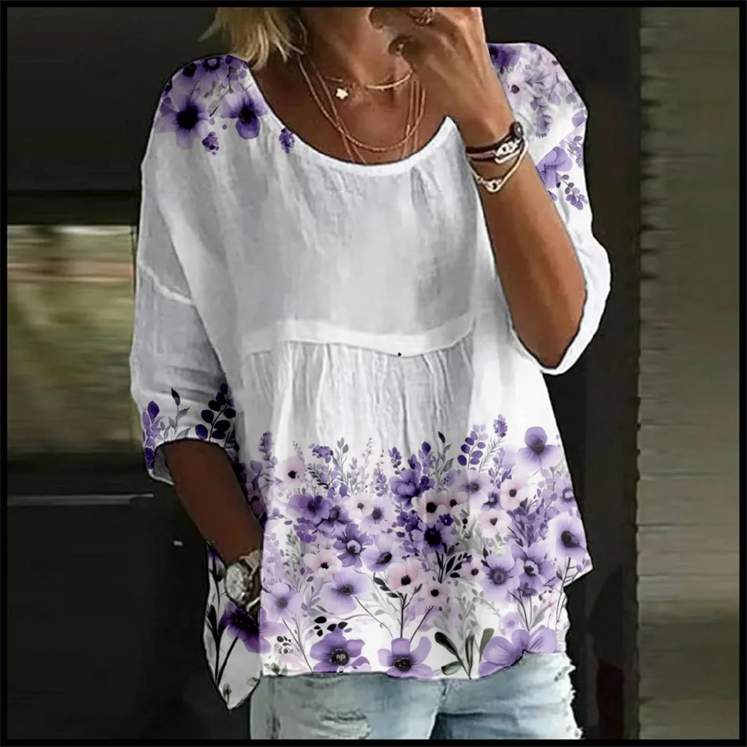 Women's Summer Boho Floral 3/4 Sleeve Tunic Top Flowy Casual Loose Cute Plus Size Pleated Blouse Shirts