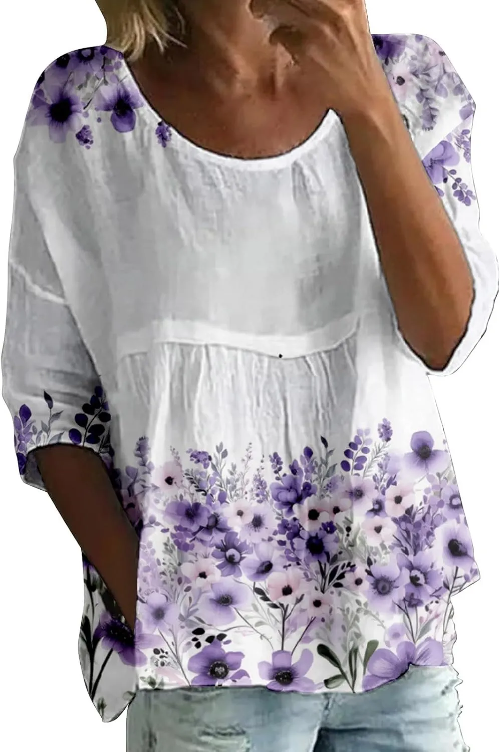 Women's Summer Boho Floral 3/4 Sleeve Tunic Top Flowy Casual Loose Cute Plus Size Pleated Blouse Shirts