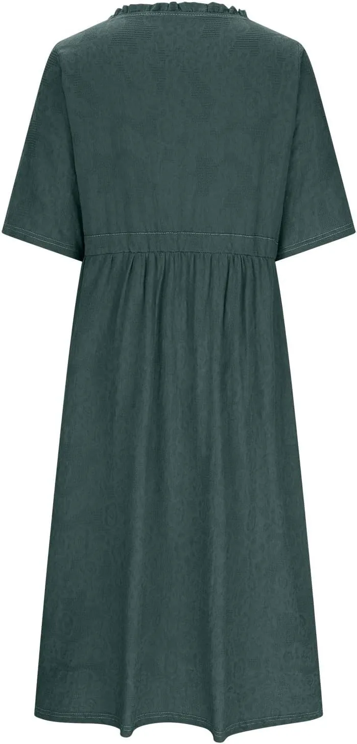 Womens Summer Trendy Textured Midi Dresses Casual Elbow Length Sleeve V Neck Drawstring Waist Pleated Flowy Boho Dress