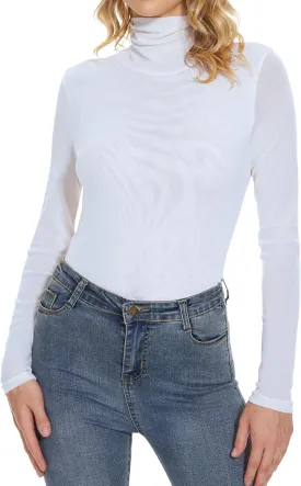 Women's Turtleneck Top Long Sleeve Slim Fit Shirts Mesh Sheer See Through Casual Top