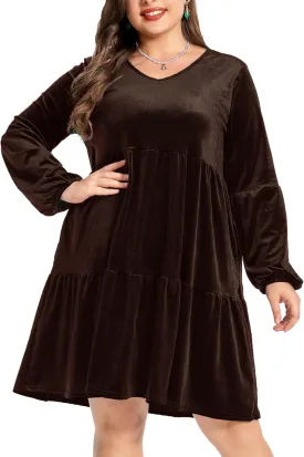 Women's Velvet Dress Long Sleeve Loose Flowy Swing Tunic Velvet Dress Plus Size Dress with Pocket