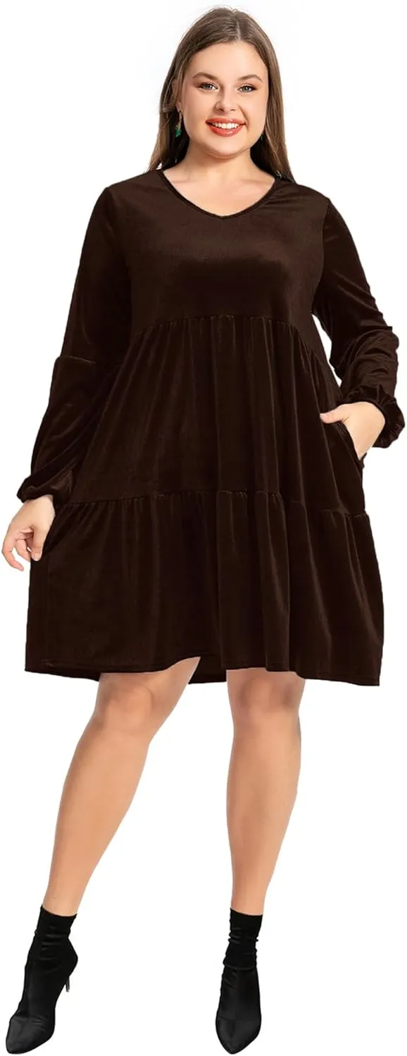 Women's Velvet Dress Long Sleeve Loose Flowy Swing Tunic Velvet Dress Plus Size Dress with Pocket