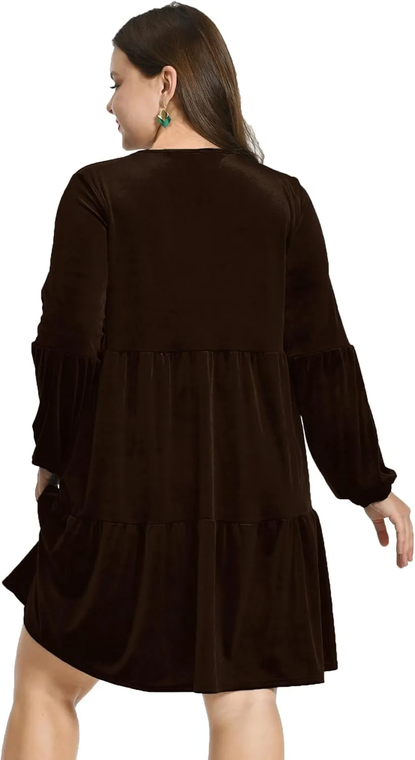 Women's Velvet Dress Long Sleeve Loose Flowy Swing Tunic Velvet Dress Plus Size Dress with Pocket