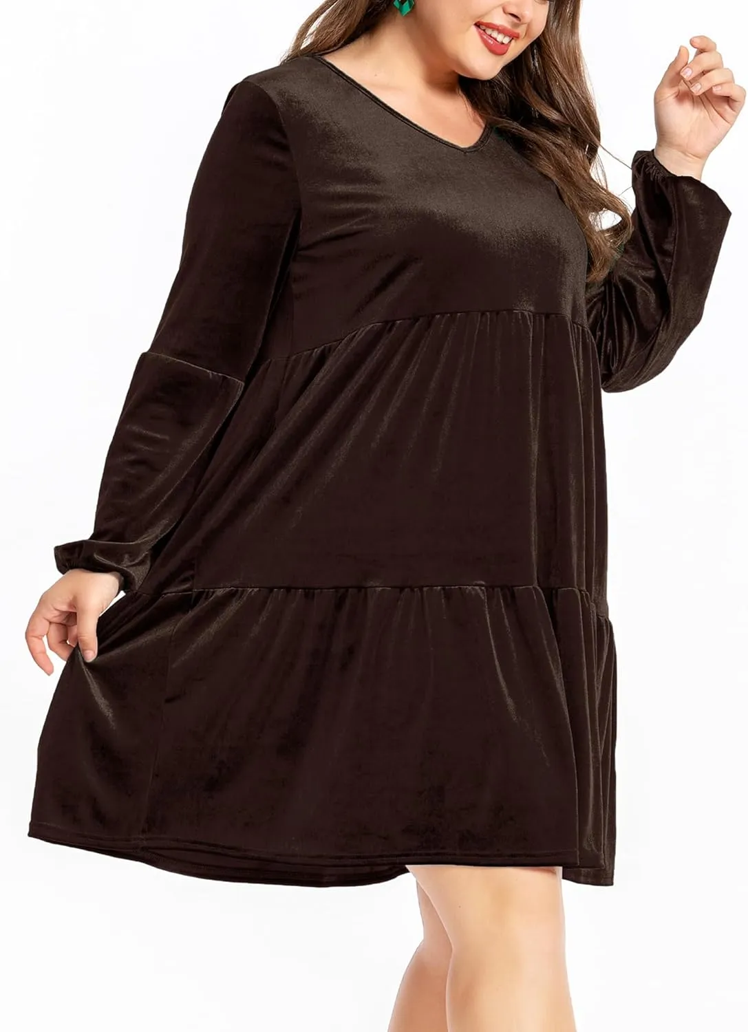 Women's Velvet Dress Long Sleeve Loose Flowy Swing Tunic Velvet Dress Plus Size Dress with Pocket
