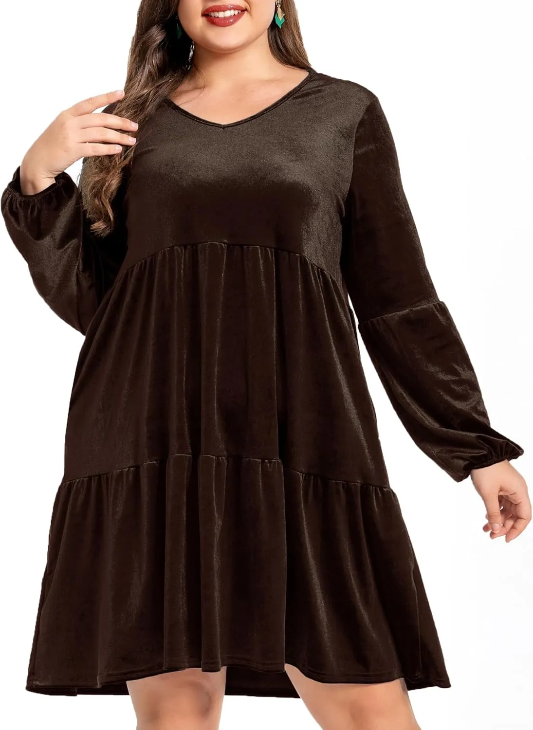 Women's Velvet Dress Long Sleeve Loose Flowy Swing Tunic Velvet Dress Plus Size Dress with Pocket