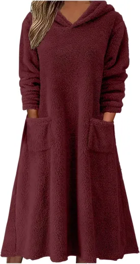 Womens Winter Warm Long Sleeve Fuzzy Fleece Sherpa Midi Hooded Dress Casual Flowy Hoodie Sweatshirt Dress with Pockets
