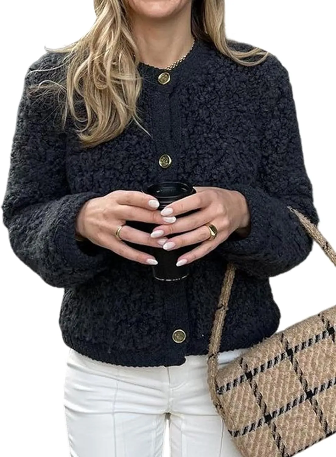 Yimoon Women's Fuzzy Knit Cardigan Button Down Long Sleeve Fluffy Sweater Top 2024 Fall Winter Vintage Knitwear Jacket