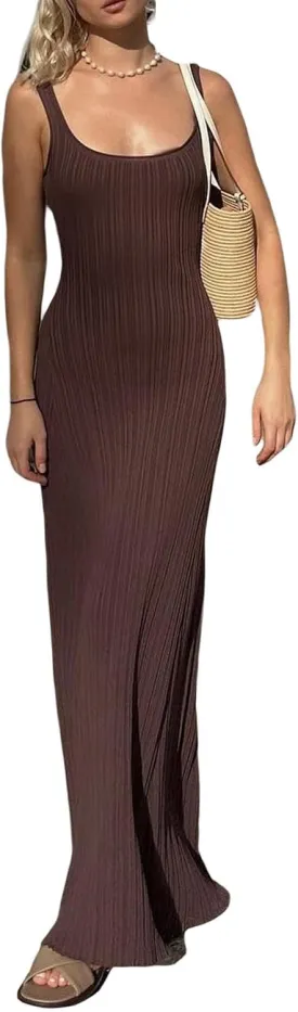 Yuemengxuan Women Sexy Knitted Maxi Dress Sleeveless U-Neck Bodycon Dress Backless Tank Dress Long Dress Party Streetwear