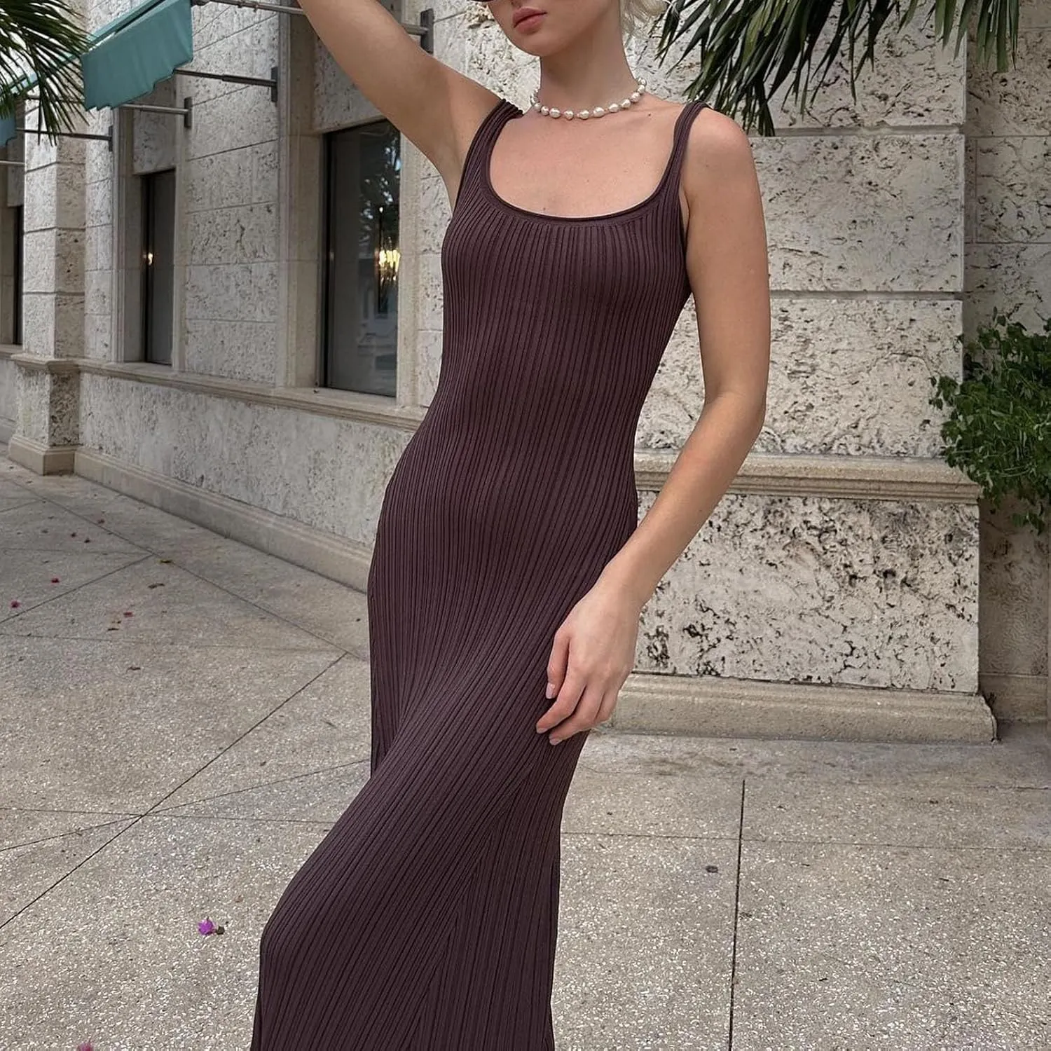 Yuemengxuan Women Sexy Knitted Maxi Dress Sleeveless U-Neck Bodycon Dress Backless Tank Dress Long Dress Party Streetwear