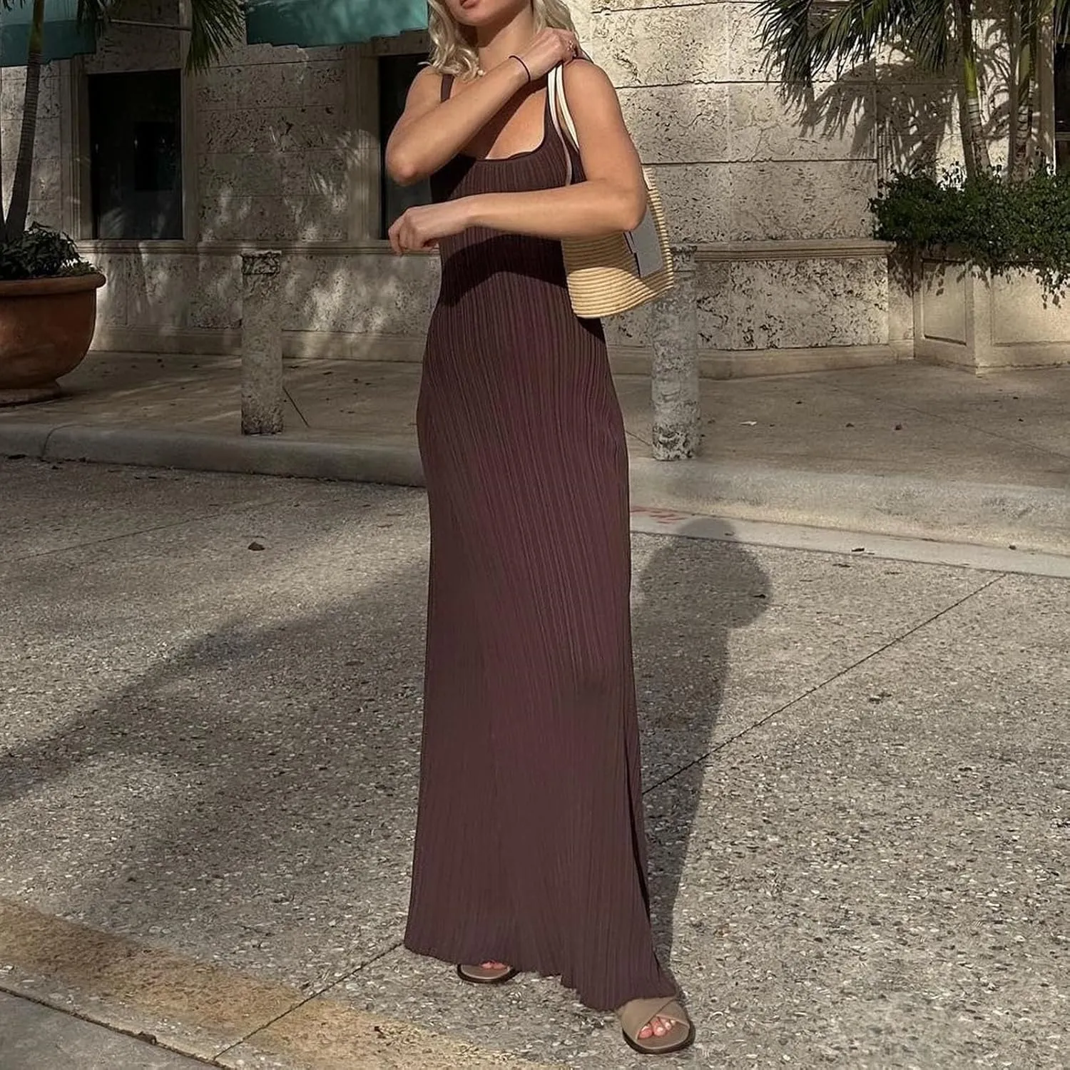 Yuemengxuan Women Sexy Knitted Maxi Dress Sleeveless U-Neck Bodycon Dress Backless Tank Dress Long Dress Party Streetwear