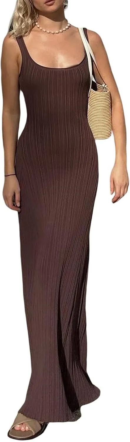 Yuemengxuan Women Sexy Knitted Maxi Dress Sleeveless U-Neck Bodycon Dress Backless Tank Dress Long Dress Party Streetwear