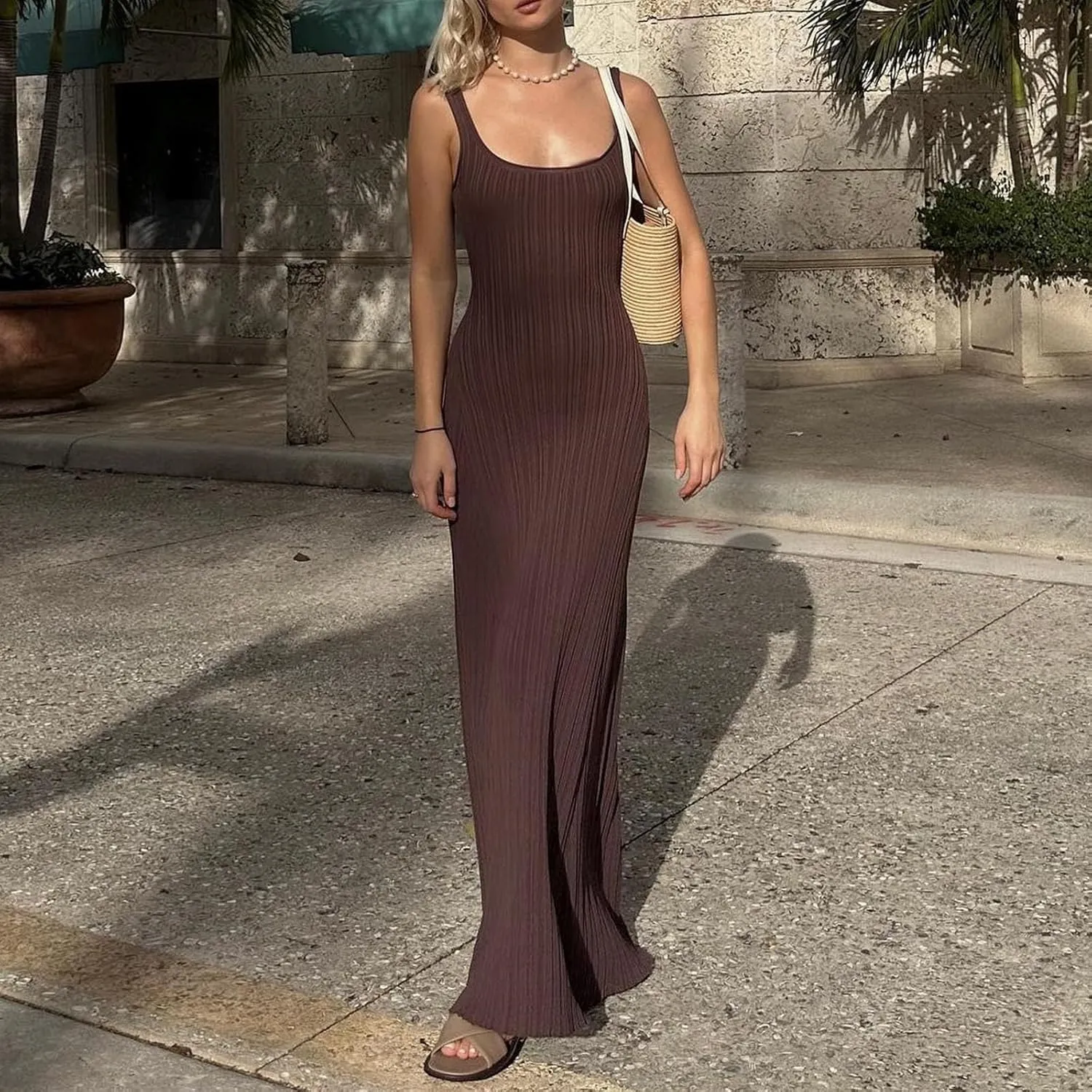 Yuemengxuan Women Sexy Knitted Maxi Dress Sleeveless U-Neck Bodycon Dress Backless Tank Dress Long Dress Party Streetwear