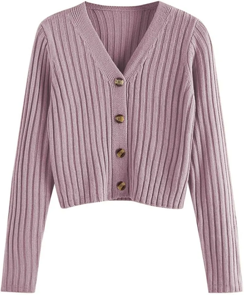 ZAFUL Women's V Neck Ribbed Button Up Cardigan Solid Knitwear Long Sleeve Surplice Crop Tops Sweaters