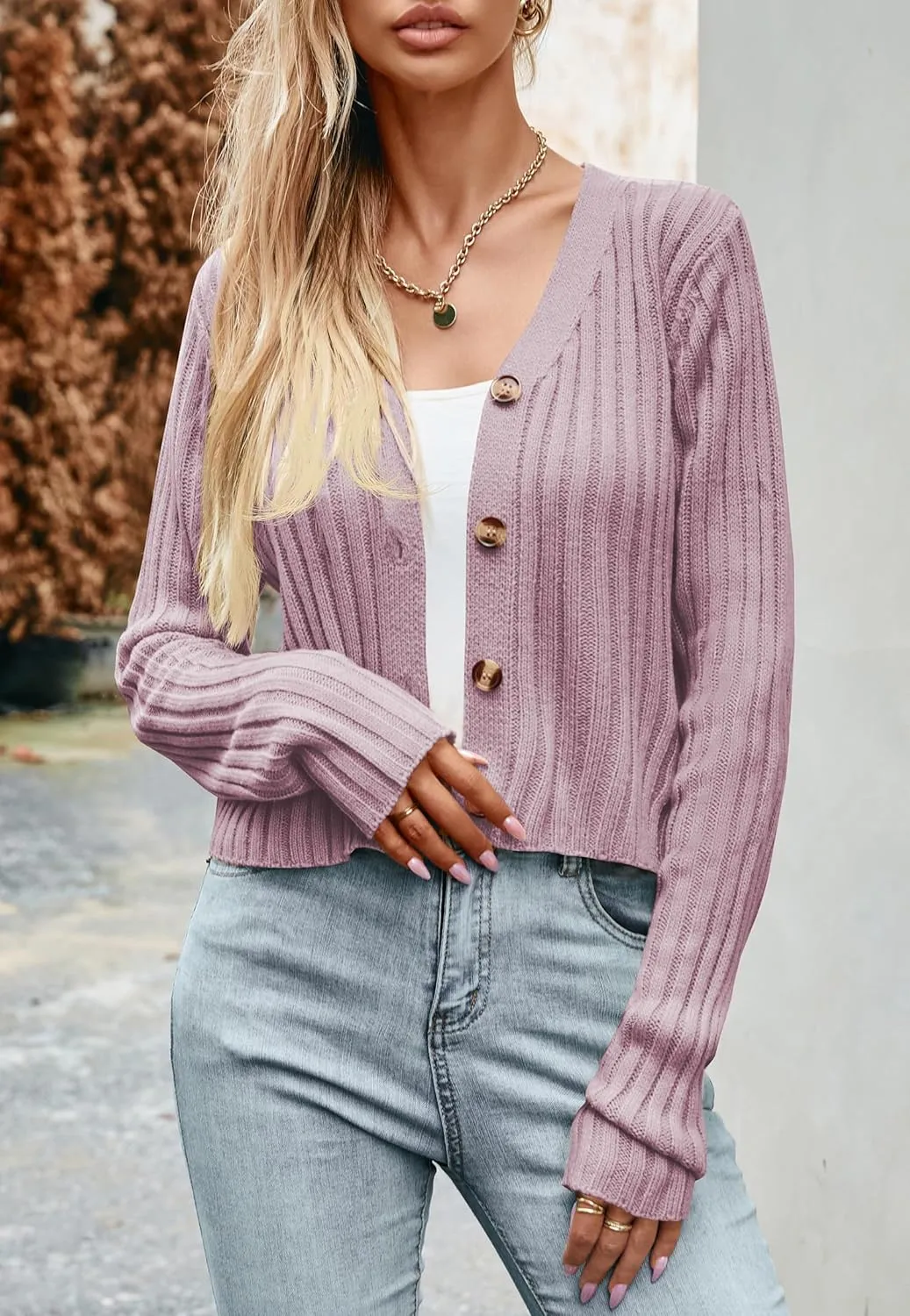 ZAFUL Women's V Neck Ribbed Button Up Cardigan Solid Knitwear Long Sleeve Surplice Crop Tops Sweaters