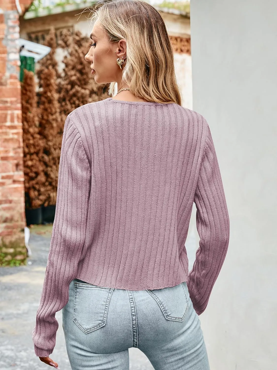 ZAFUL Women's V Neck Ribbed Button Up Cardigan Solid Knitwear Long Sleeve Surplice Crop Tops Sweaters