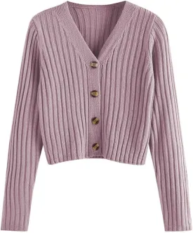 ZAFUL Women's V Neck Ribbed Button Up Cardigan Solid Knitwear Long Sleeve Surplice Crop Tops Sweaters