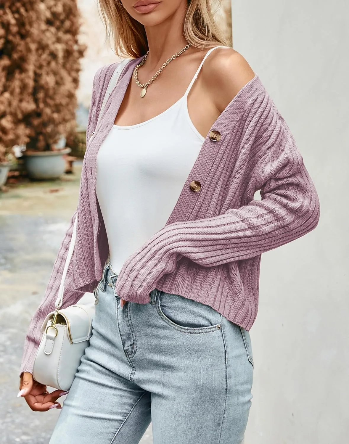 ZAFUL Women's V Neck Ribbed Button Up Cardigan Solid Knitwear Long Sleeve Surplice Crop Tops Sweaters
