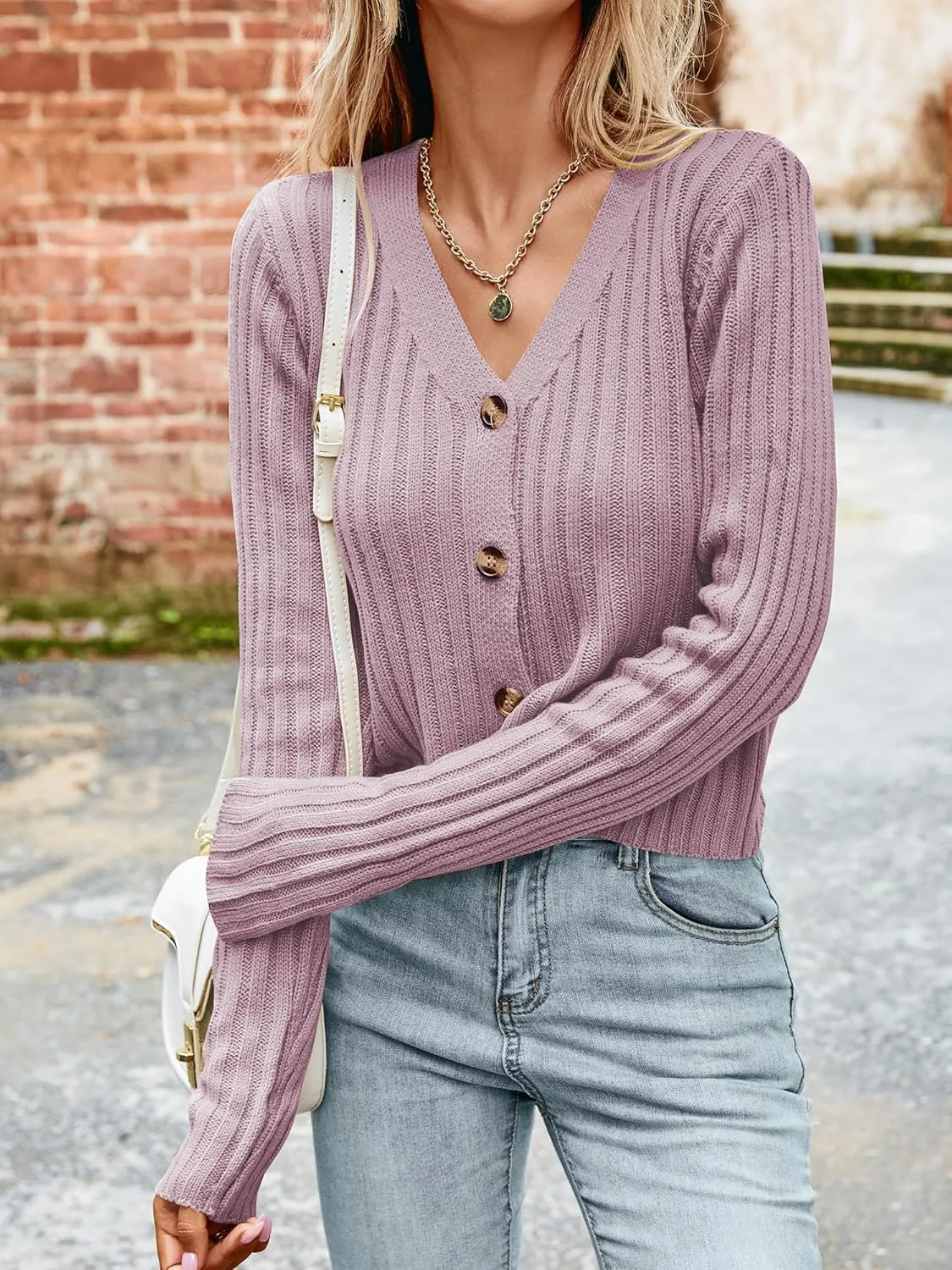 ZAFUL Women's V Neck Ribbed Button Up Cardigan Solid Knitwear Long Sleeve Surplice Crop Tops Sweaters